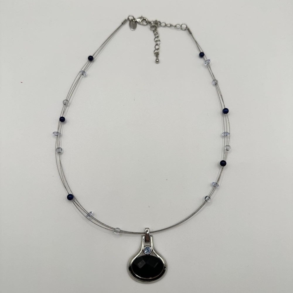 Vintage LIA SOPHIA Silvertone Rhinestones Black Pendant on 3‎ Wires 18" Necklace